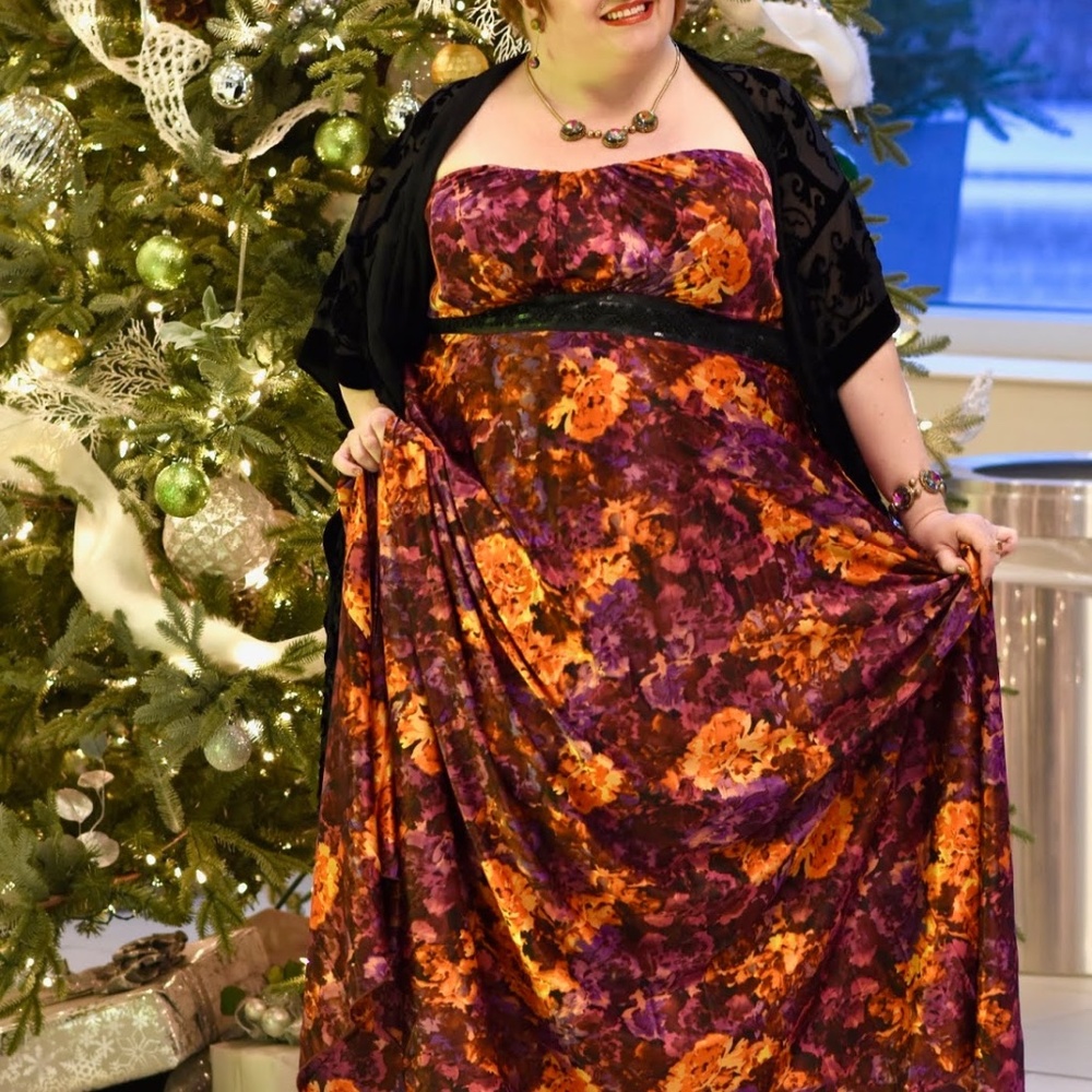 Orange & Purple Strapless Maxi Dress with Sequins by City Chic, size XXL (26/28)
